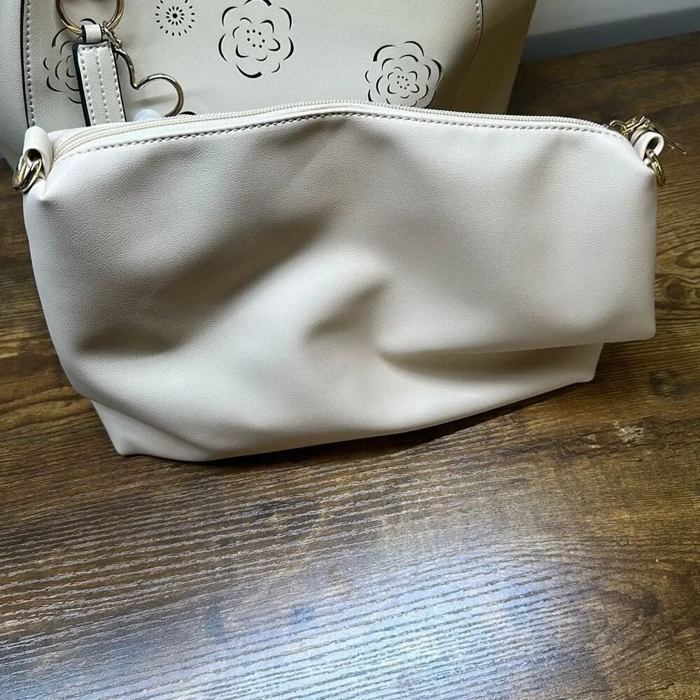 Marc New‎ York Andrew Marc Floral Laser Cut Tote Bag Cream Off White with Pouch